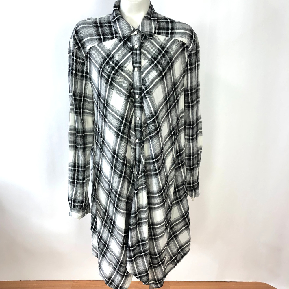 All Saints Large Asymmetrical Lagenlook Button LS Plaid Shirt Black White MINT